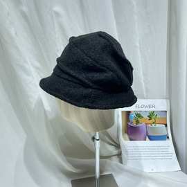 小众设计师款毛呢褶皱渔夫帽女秋冬复古简约百搭盆帽显脸小保暖帽