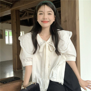 Large size high-grade girl's detachable contrast color lace collar lace-up short-sleeved shirt women's top
