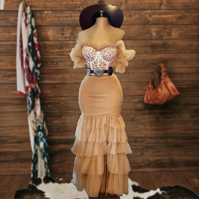 Fashion Mesh Bodycon Dress with Niche Rhinestone Embellishments, Floor-Length Layered Puffy Long Dress