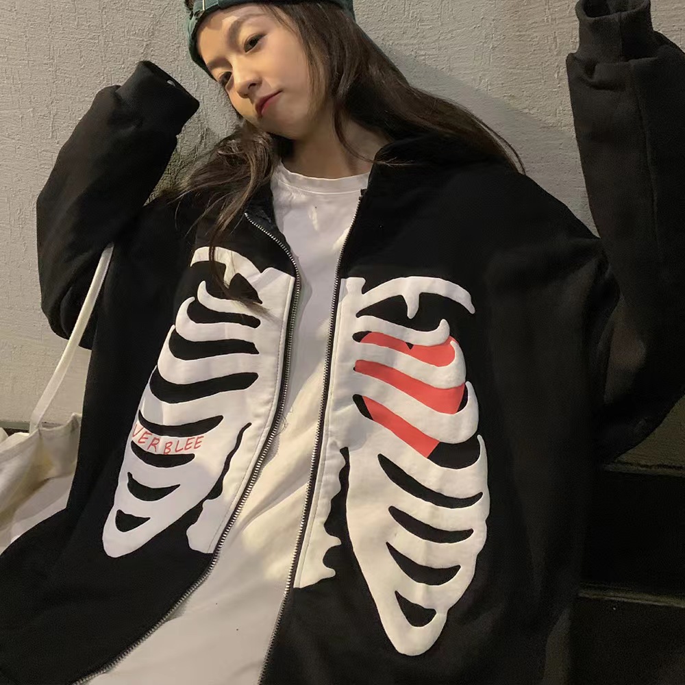 2023 New Cardigan Sweatshirt Side Pocket Skull Chest Bone Print Spring Autumn Fleece Hoodie Jacket_voghion.com