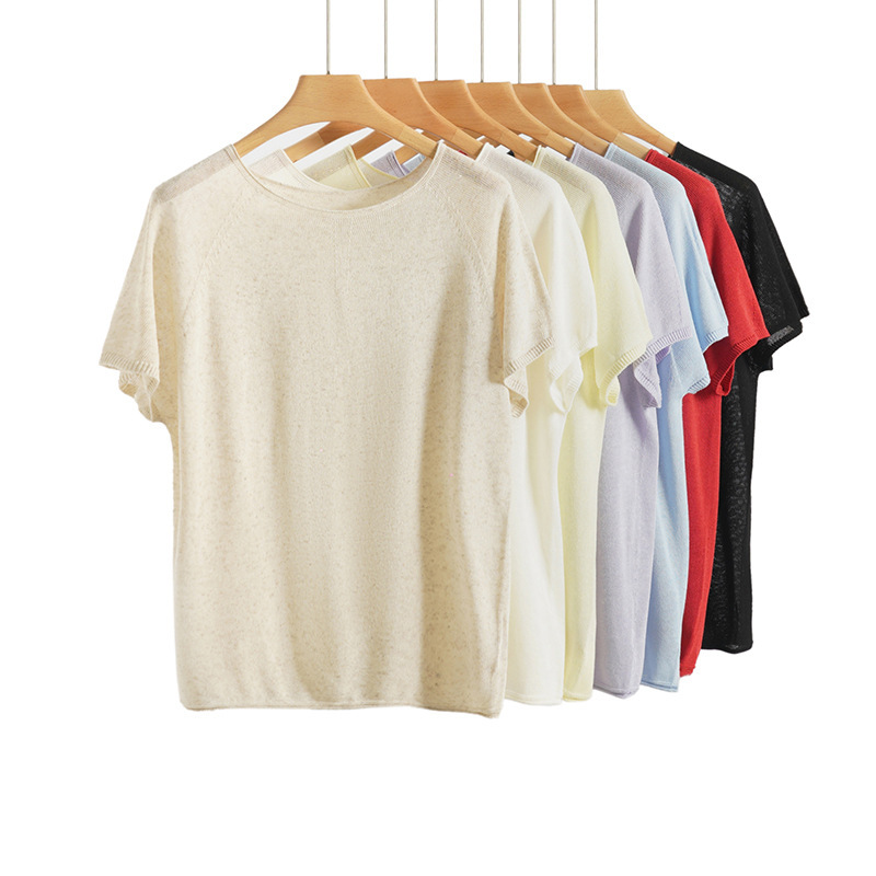 2026 Summer New Seamless Rolled-Edge Tencel Linen Round-Neck Short-Sleeve T-Shirt Ready-To-Wear Knit Top