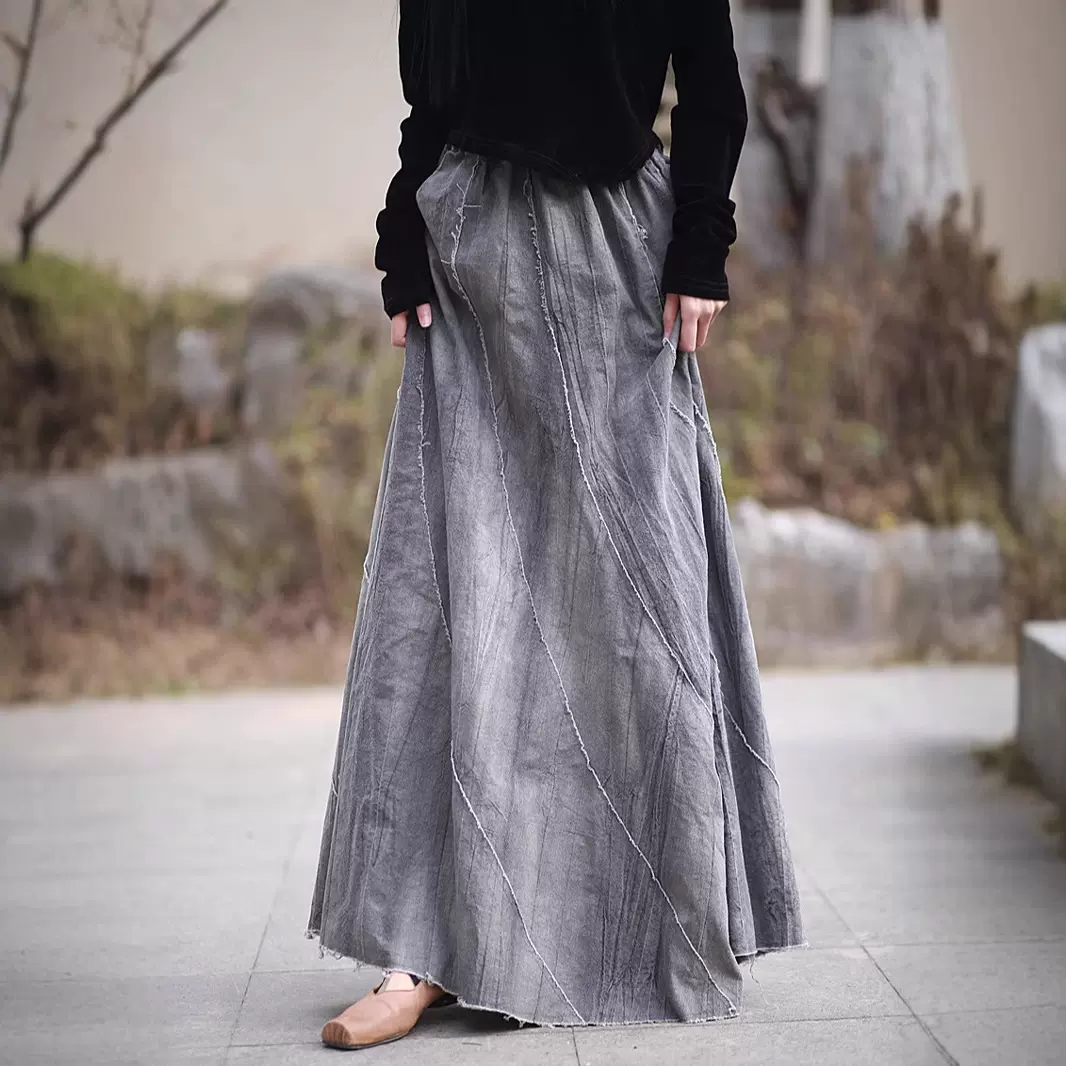 25春夏新款原创苎麻砂洗扎染毛边拼接长裙清冷风禅意半身裙