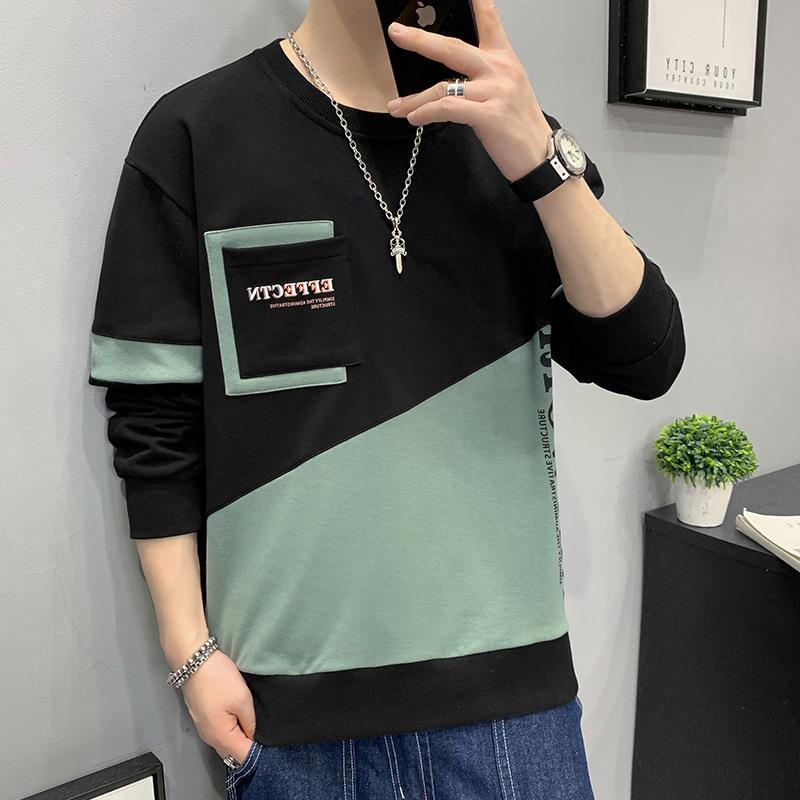 Suéter de los hombres de otoño forrado de lana suéter de manga larga cuello redondo camisa de fondo de los hombres de moda cuello redondo costura popular contraste color ropa de los hombres