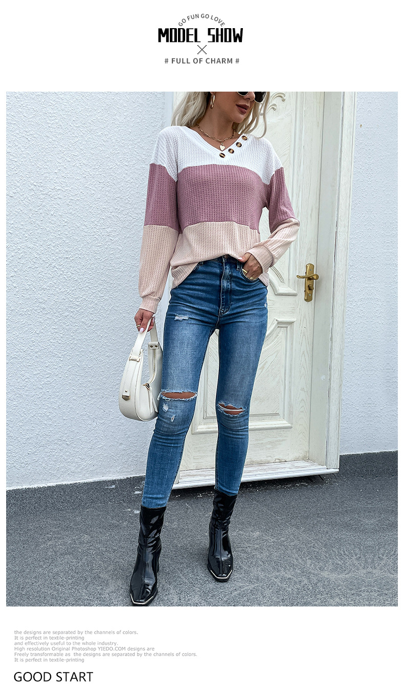 spring and autumn long-sleeved v-neck color matching knitted sweater nihaostyles wholesale clothing NSDMB88616