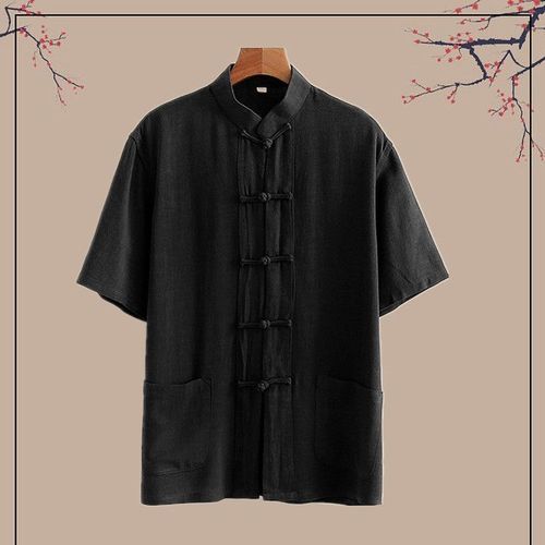 Chinese-style cotton linen short-sleeve men's Tang suit summer youth cotton linen top vintage buttoned collared shirt monastic attire