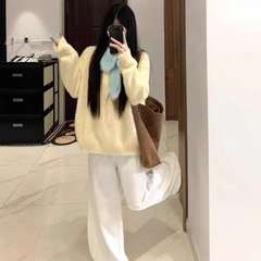 韩版奶黄色毛茸茸软糯圆领套头毛衣女小个子加厚仿貂绒打底针织衫
