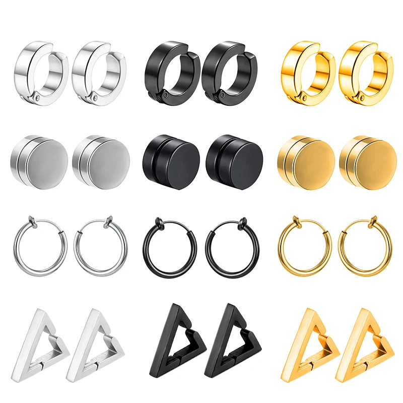 Cross-border 12 pairs of stainless steel earrings without earholes triangle coil earrings magnet round cake combination set AliExpress