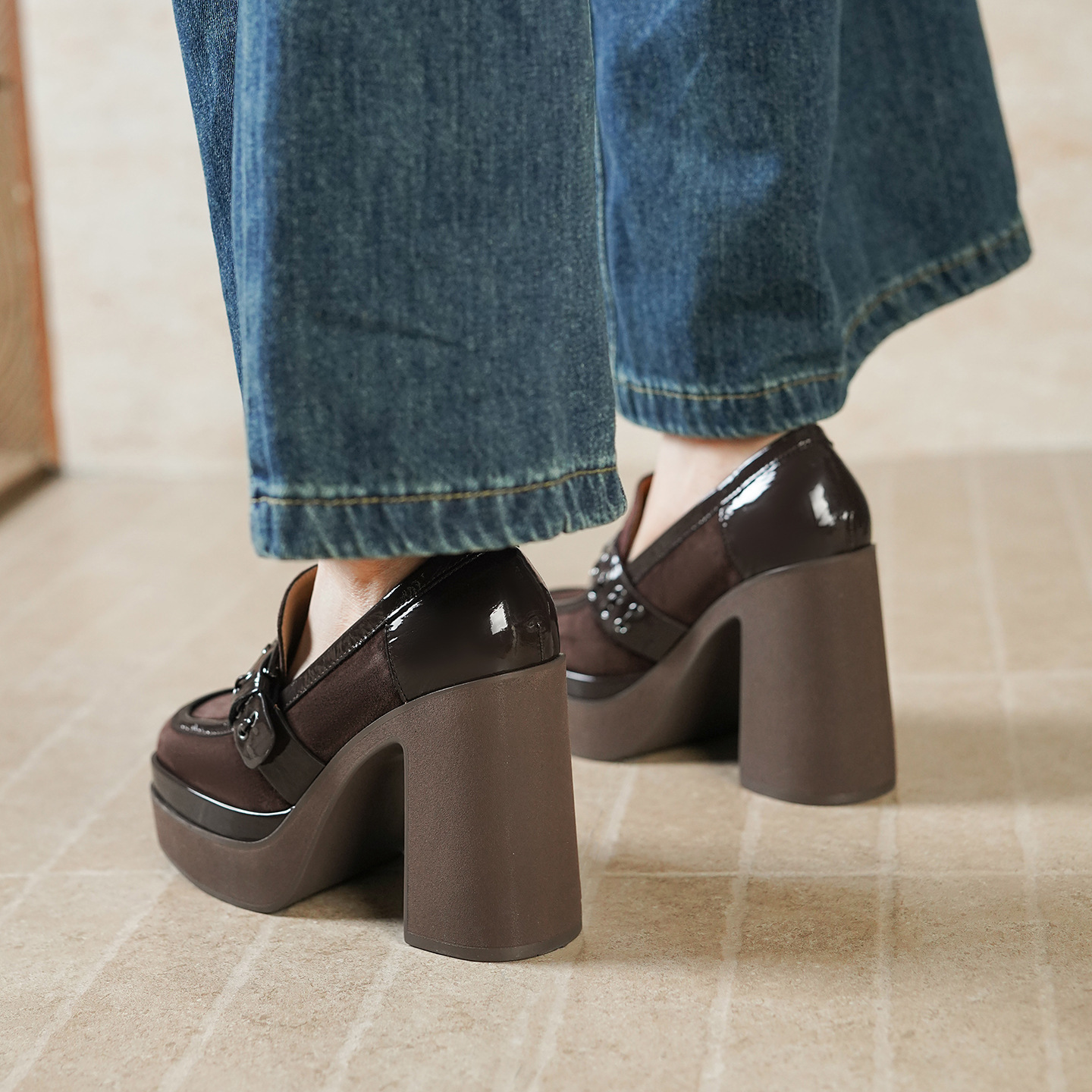 Giày loafer nữ gót vuông cao 12 cm, đế dày, khóa kim loại, phối màu — màu nâu, màu đen