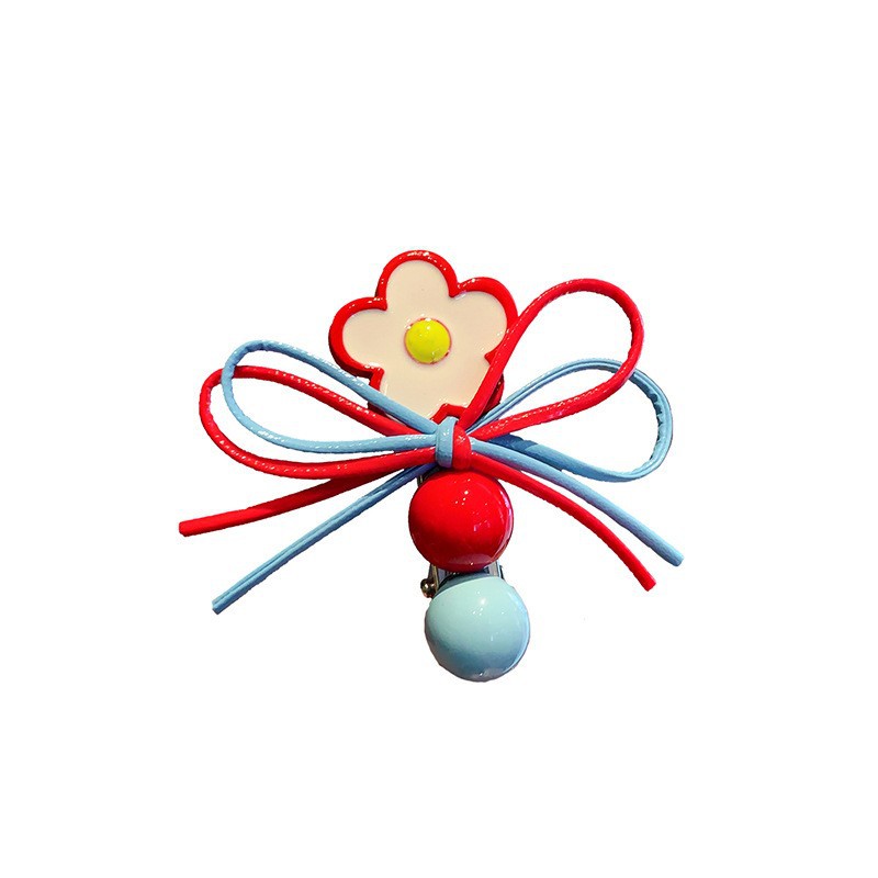 Korean Dongdaemun Sweet Red And Blue Color-Block Flower Bow Bangs Clip For Girls Tie Hairpin Hair Accessory_voghion.com