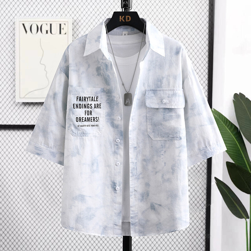 Mid-Sleeve Shirt 2025 Men's Imitation Washed Denim Summer Pure Cotton Men's Loose Half-Sleeve Middle School Students' Handsome Trendy Top Mid-Sleeve Shirt 2025 Men's Imitation Washed Denim Summer Pure Cotton Men's Loose Half-Sleeve Middle School Students' Handsome Trendy Top