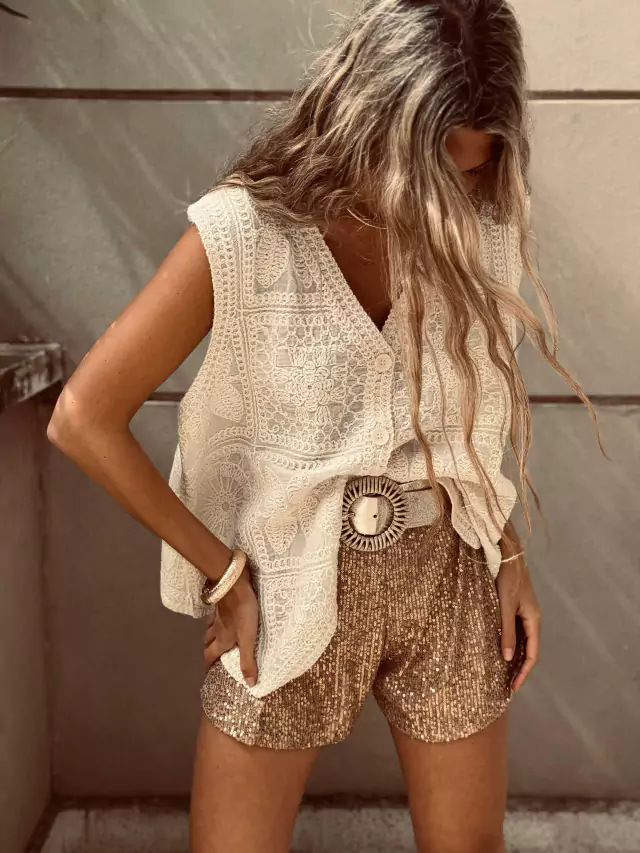 Single Breasted Placket Type Cotton Fabric Type Women's Elegant Leaves Embroidery Lace Single Breasted Vest