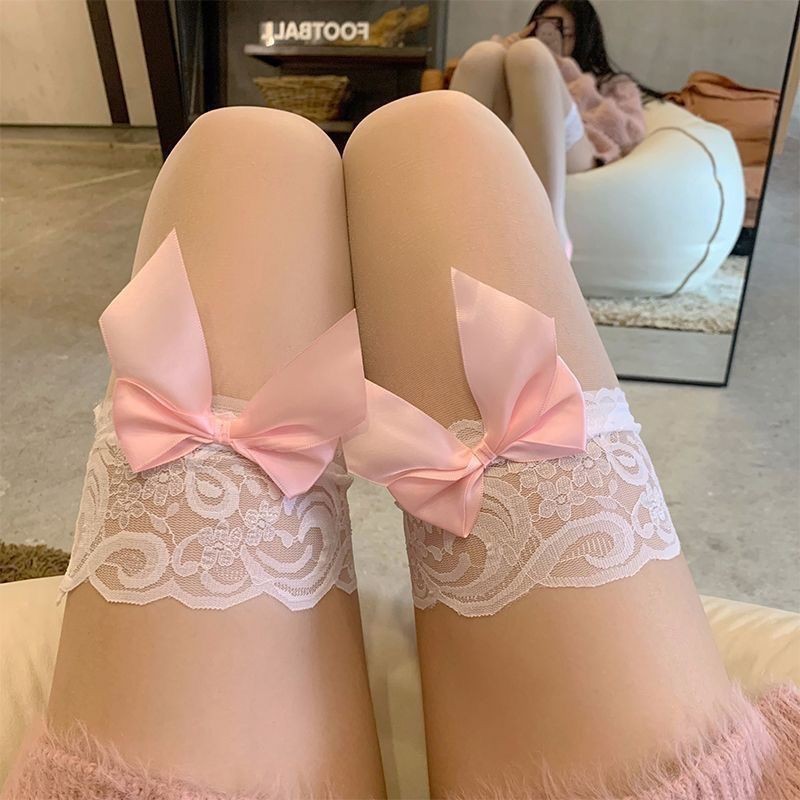 玫红蕾丝花边丝袜过膝袜薄款夏季女蝴蝶结长筒丝袜短款纯欲丝袜|undefined
