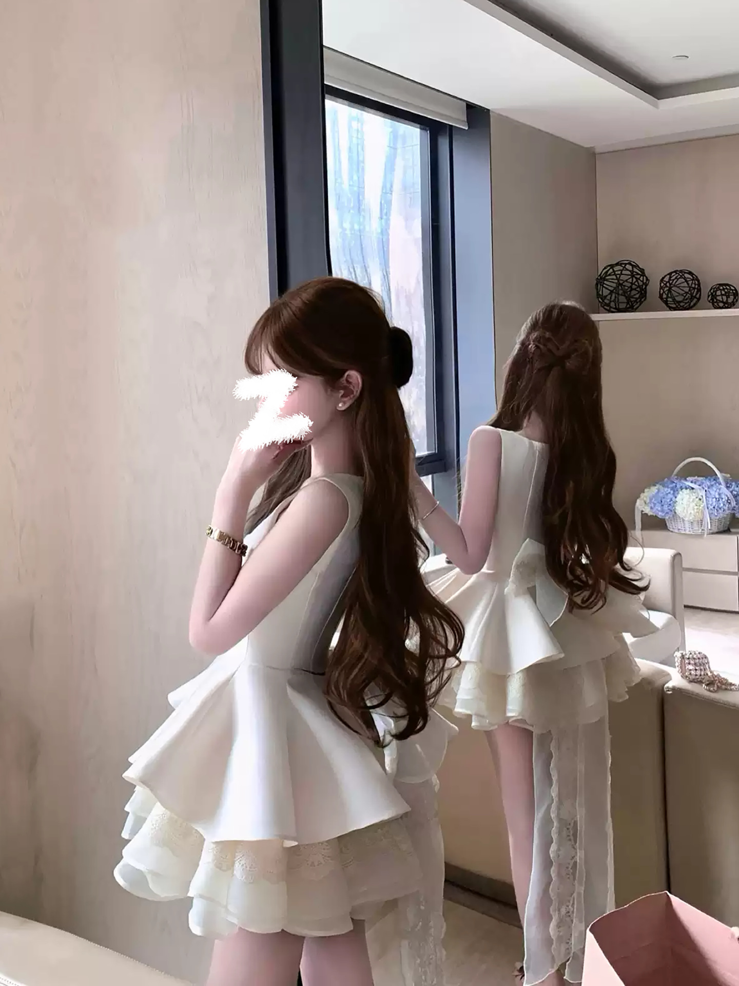 Đầm suông nữ midi tay không ren xếp tầng nơ lớn — màu trắng ngà