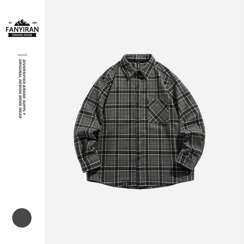 Wanlegetu Japanese Retro Plaid Shirt Men's Loose Trendy Brand Long-Sleeved Plaid Woolen Shirt S5222 Wanlegetu Japanese Retro Plaid Shirt Men's Loose Trendy Brand Long-Sleeved Plaid Woolen Shirt S5222