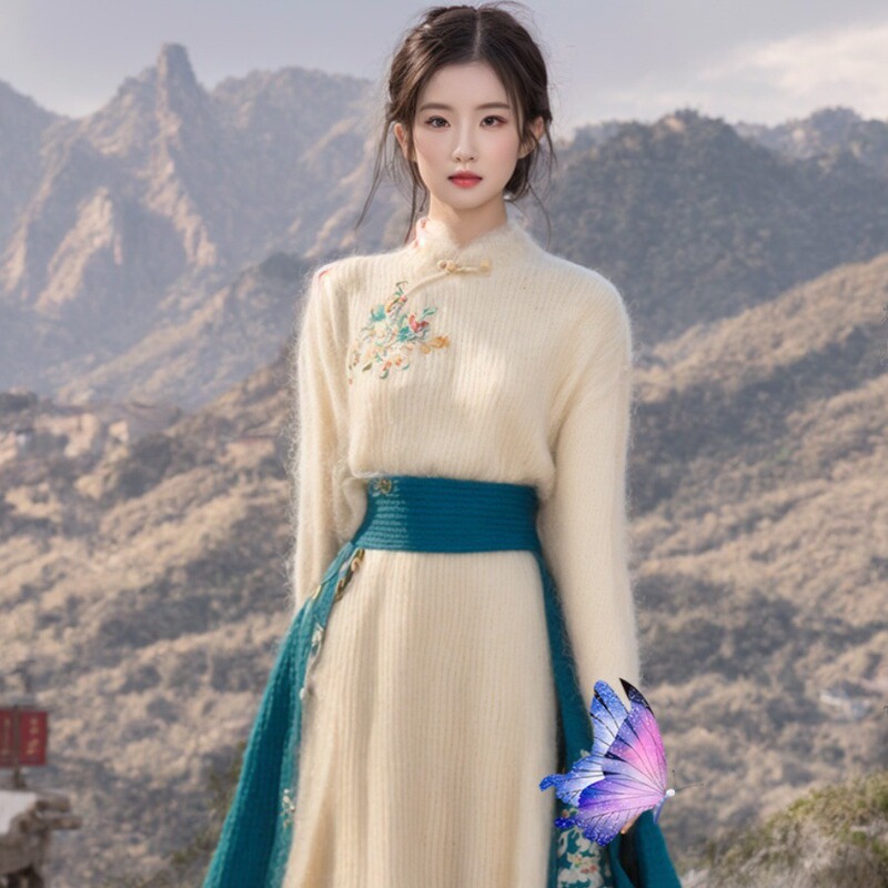 Fl 232327m Color National Style Sweater Dress Autumn and Winter Little Chanel Style Improved Hanfu Cheongsam Dress Fashionable and Elegant
