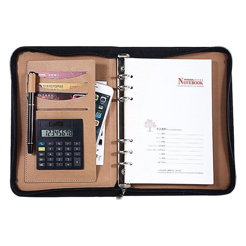 Fábrica al por mayor A5 cremallera bolsa pluma cuaderno de hojas sueltas de negocios de imitación cinturón calculadora Oficina administrador de archivos clip