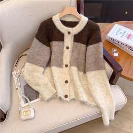 韩版时尚撞色条纹毛衣外套秋冬新款慵懒风设计感百搭针织开衫上衣