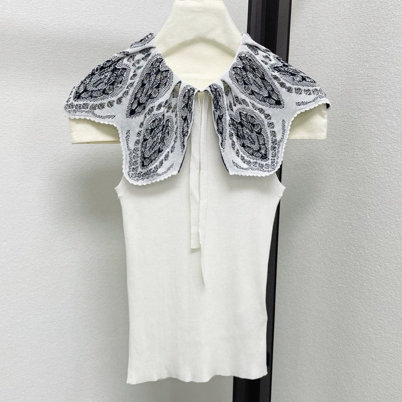 Foreign Trade Cross-Border Cd Brand 26 Summer New Product Hollow Lace Collar Tie White Knitted Vest Women's Sleeveless Top Foreign Trade Cross-Border Cd Brand 26 Summer New Product Hollow Lace Collar Tie White Knitted Vest Women's Sleeveless Top