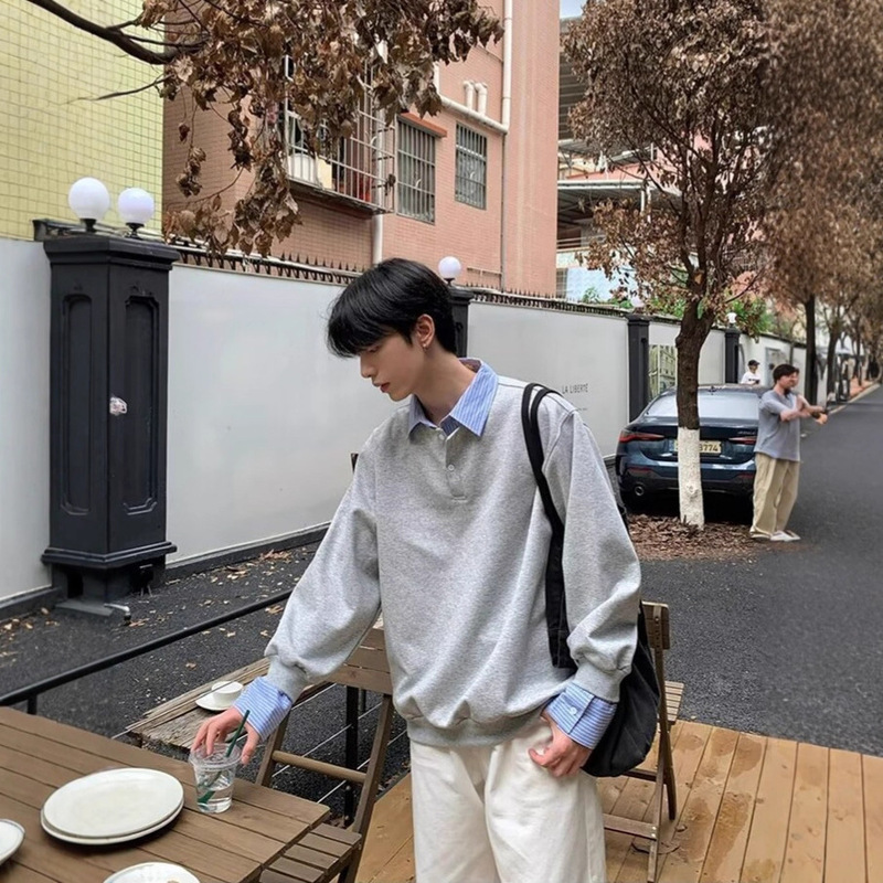 American Simple Retro Fake Two-Piece Shirt Collar Sweatshirt Men's Autum Loose Casual Preppy Style Long-Sleeved Top Jacket