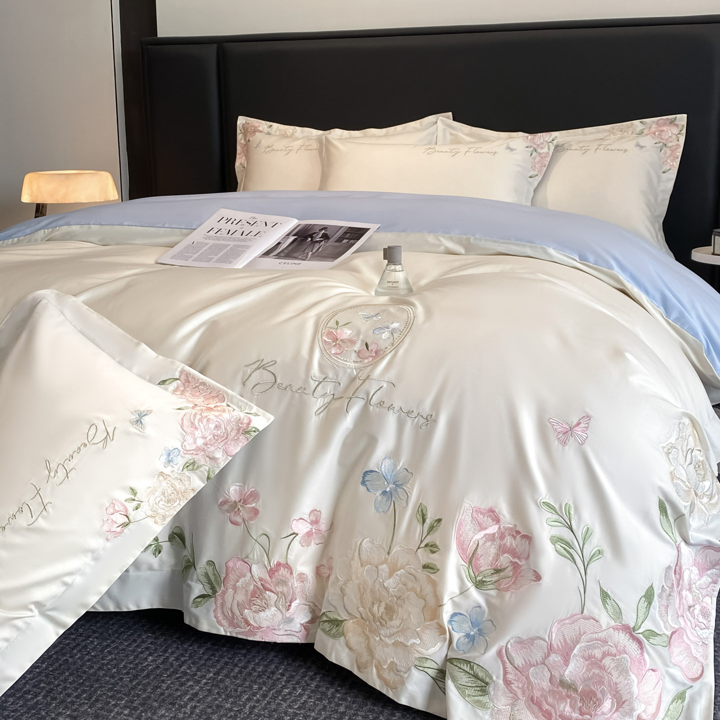 Light Luxury Style High-End 180-Count Pure Cotton Four-Piece Set of Pure Cotton Floral Embroider Quilt Cover Bed Bed Sheets Bed Sheets Bedding 4