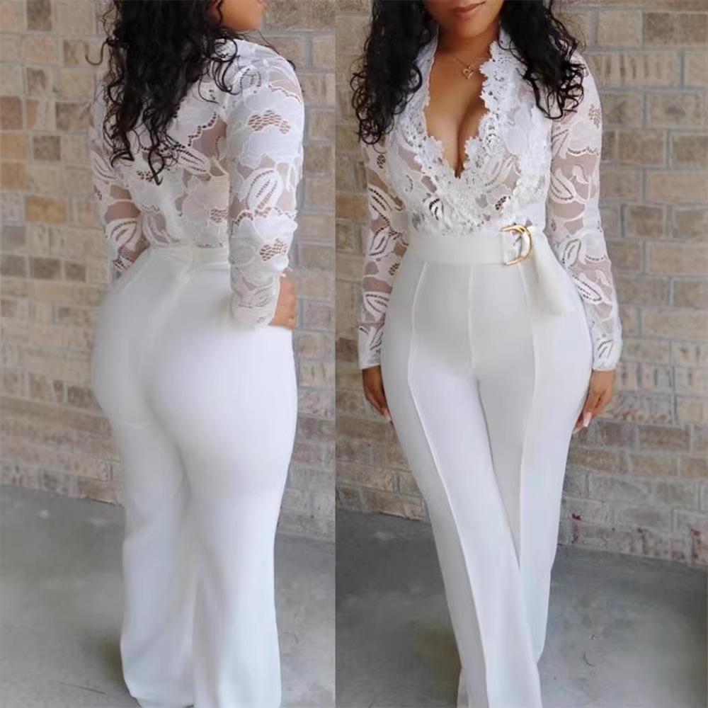 ebay2022 European and American autumn new sexy deep V perspective lace stitching pants wholesale Women's belt