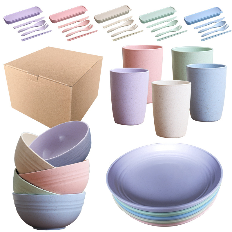 Wheat Straw Tableware Creative Water Cup Bowl Plate Knife Fork Spoon Plus Storage Box40pcs Set