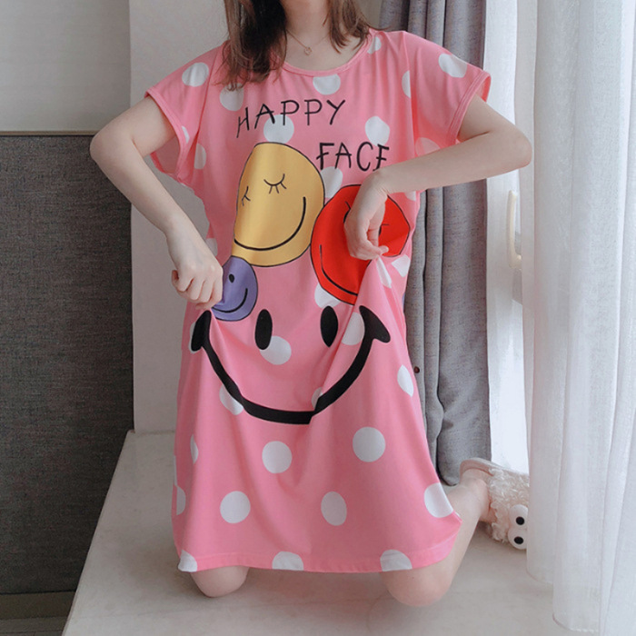 Camisón de las mujeres del verano Delgado manga corta nueva línea rojo estilo pijamas dibujos animados lindo señoras vestido flojo desgaste hogar