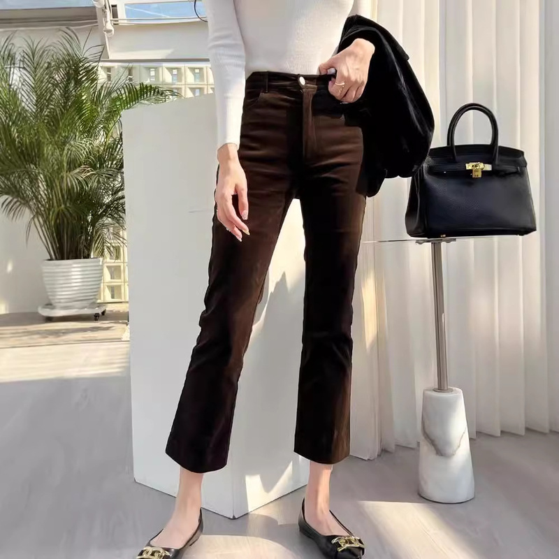 In-Stock French-Style Matte Cotton Corduroy Brown Vintage Slim-Fit Flared High-Waisted Cropped Pants Slimming Casual Pants In-Stock French-Style Matte Cotton Corduroy Brown Vintage Slim-Fit Flared High-Waisted Cropped Pants Slimming Casual Pants