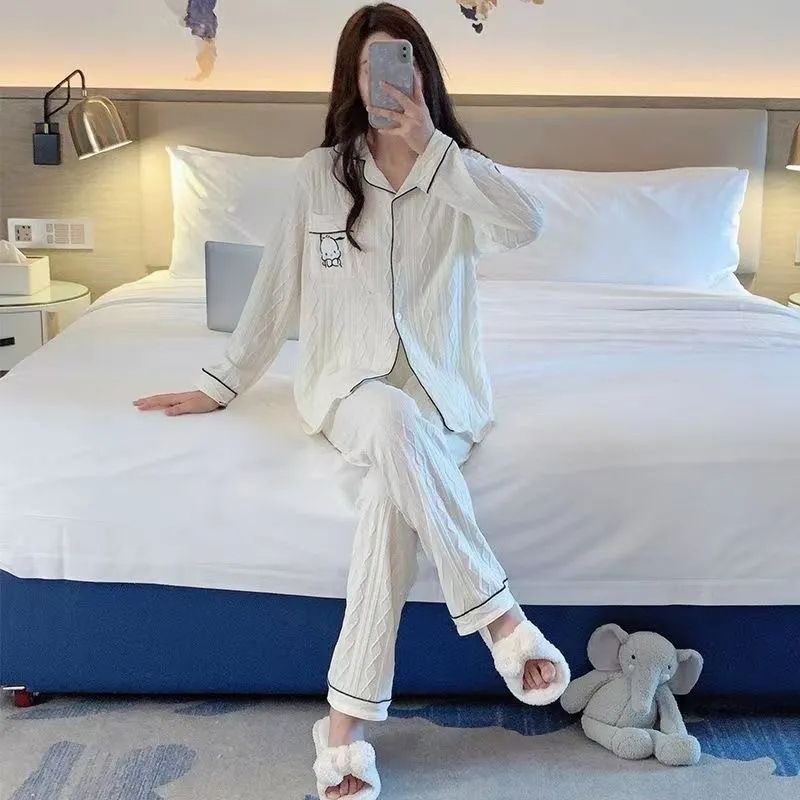 Al por mayor transfronterizo primavera y otoño nuevo algodón jacquard pijama de manga larga de mujer cardigan con solapa dulce encantador conjunto de ropa para el hogar