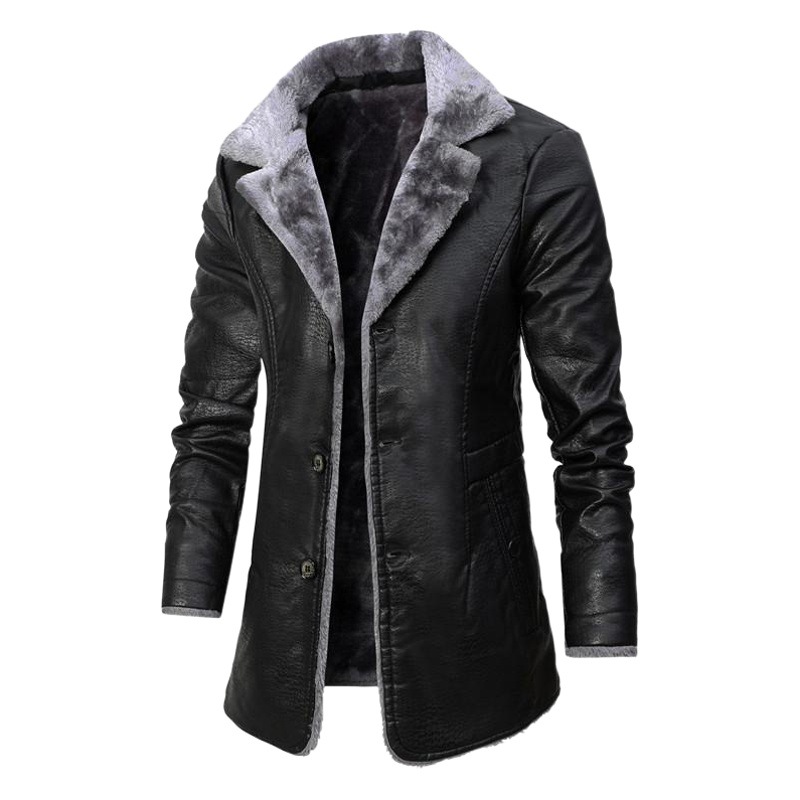 Men's Mid-Length Leather Jacket for Middle-Aged and Elderly People in Autumn and Winter Business European Size Plus Velvet Large Lapel Suit Leather Plush Jacket for Men