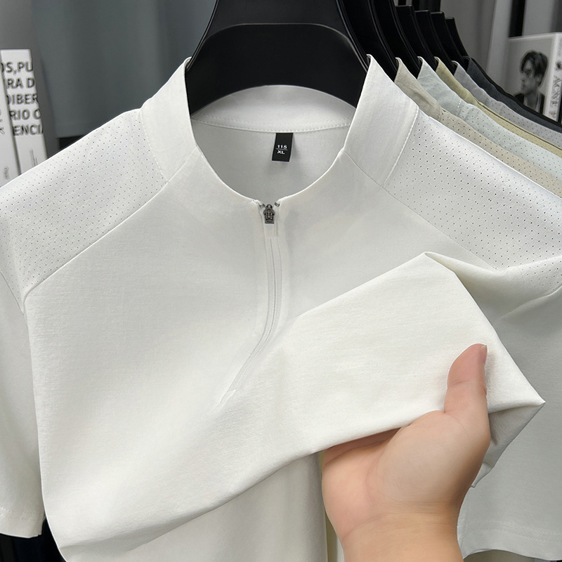 2026 Zipper Ice Silk Lapel T-Shirt Thin Men's Clothing Summer New Polo Slim Fit Trendy Casual Short-Sleeved Men's Clothing