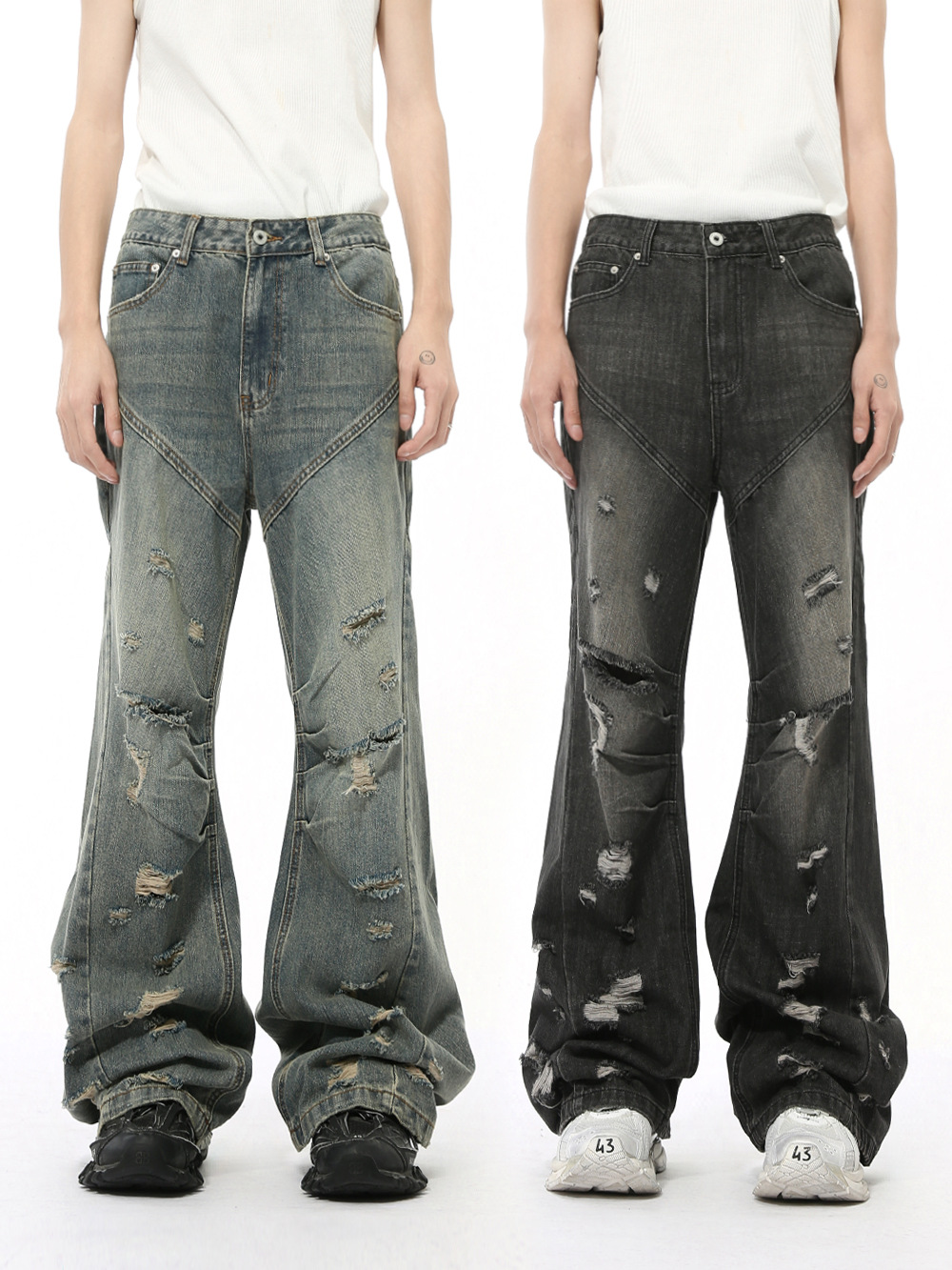 MTLCLOTHES Hombres| Otoño nuevo nicho de la calle de residuos de viento agujero diseño retro microlongo jeans