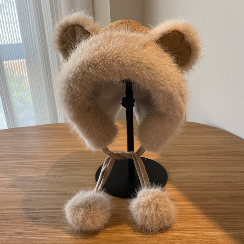 Bonito oso orejas gorra de peluche para mujeres otoño y invierno cara pequeña gorra de vello gruesa para montar en bicicleta a prueba de viento