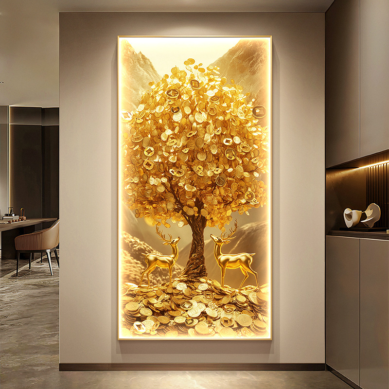ライト高級フォーチュンツリー玄関装飾絵画ゴールド 0kg 廊下壁画ランプ幸運の鹿玄関ドア壁掛け絵画|undefined