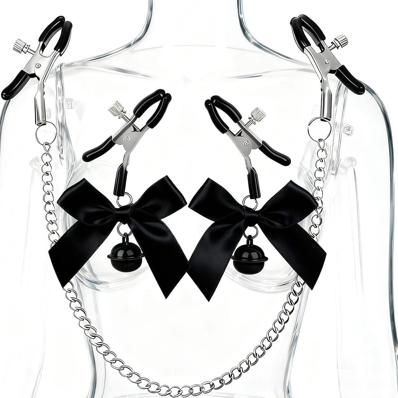 SM Nipple Clamps with Double Bells, Metal Breast Ornament Pair, Black Couple’s Intimate Play Accessory — detail image 7