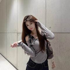设计感灰色蝴蝶结系带长袖T恤女2025秋季新款不规则修身露肩上衣