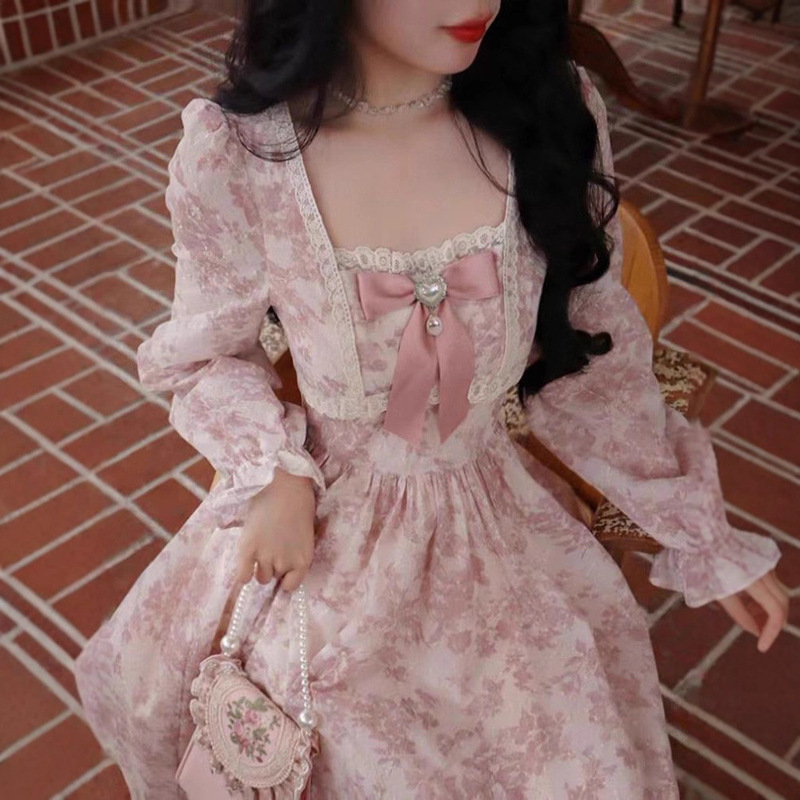 法式甜美碎花长袖连衣裙女秋季高级感气质长裙收腰温柔风仙女裙子|undefined
