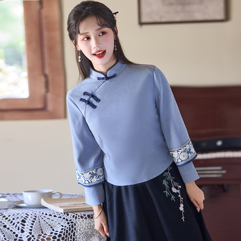 新中式民国套装少女年轻款气质国风旗袍上衣半身裙两件套秋冬茶服