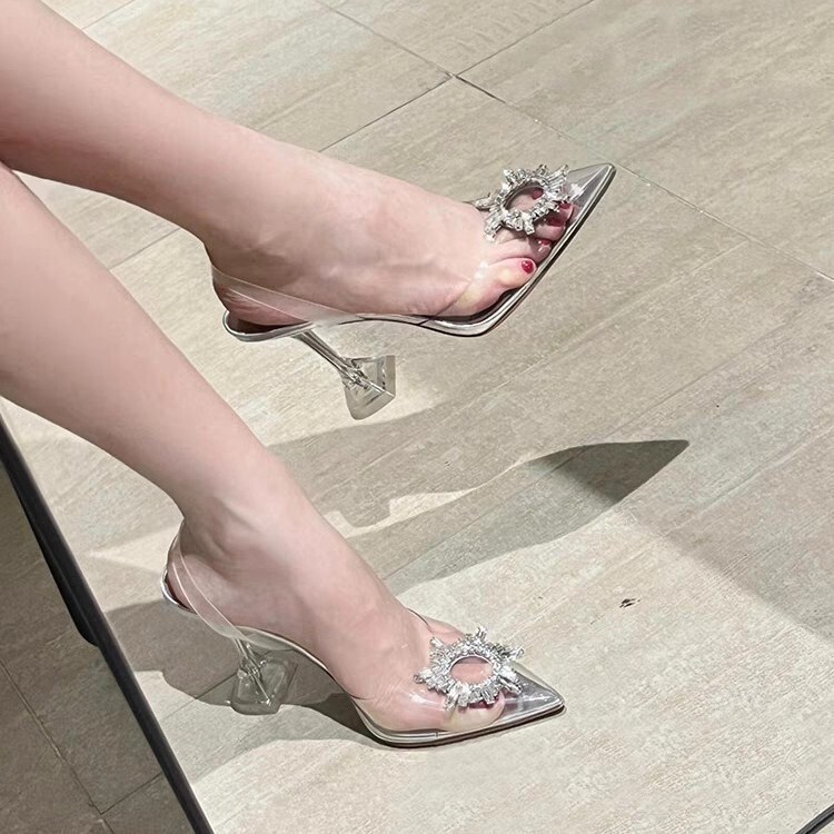 Upgrade New European and American Wine Glass Heels and Fashionable Transparent Sunflower Rhinestone Toe-Cap Sandals for Women, Versatile High Heels Upgrade New European and American Wine Glass Heels and Fashionable Transparent Sunflower Rhinestone Toe-Cap Sandals for Women, Versatile High Heels