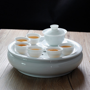 Chaoshan White Porcelain Kung Fu Tea Set Round Drum-Shaped Water Storage Tea Tray 10inch Complete Set of Pure White Ceramic Lidded Bowl Tea Cups