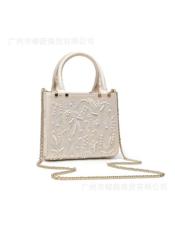z2025珍珠绣花时尚手提包丝缎质感硬质包轻奢花卉刺绣辣条单肩包|undefined