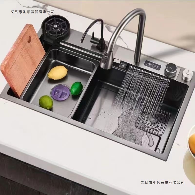 加厚304不锈钢智能鲨鱼数显飞雨水槽家用厨房纳米大单槽|undefined