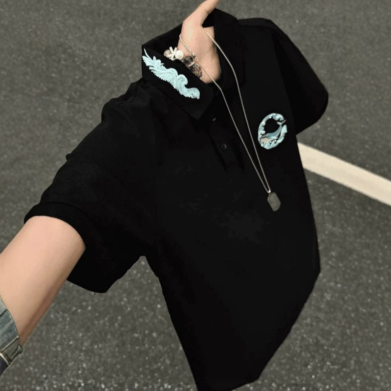 Black pufferfish embroidered short-sleeve men's polo shirt, summer American style, heavy-duty turn-down collar, regular shoulder, high-end feel, half-sleeve
