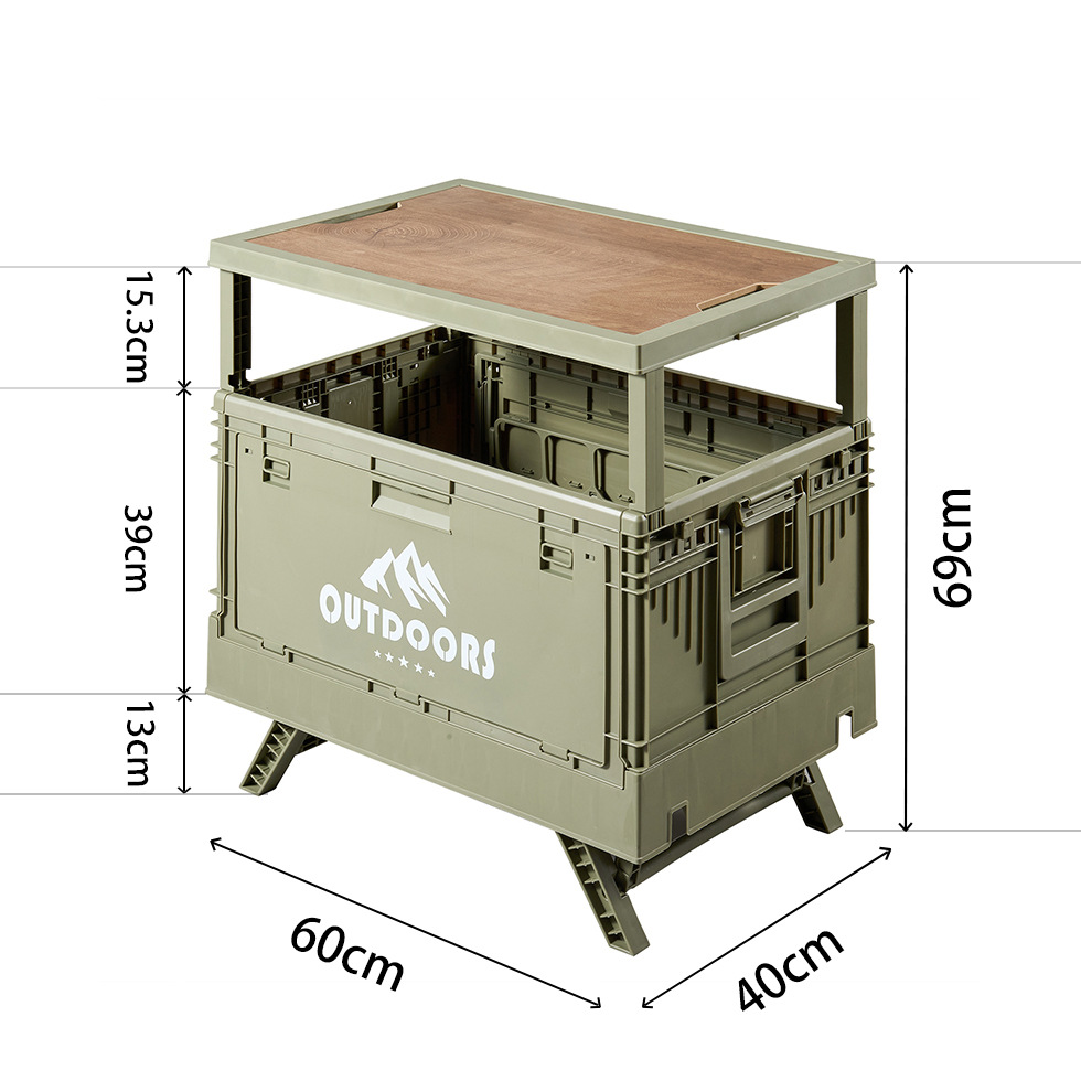 Caja de almacenamiento de camping al aire libre, mesa plegable multifuncional de gran capacidad, caja de almacenamiento con cubierta de madera para camping, caja de recolección de automóviles