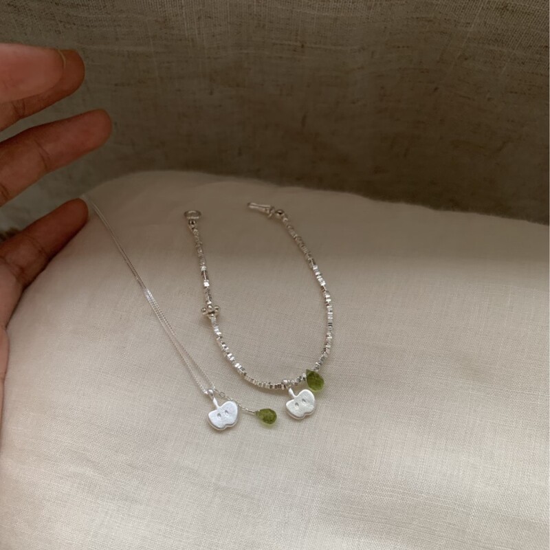 Rui Xi | Natural Summer Green Apple Peridot Water Drop S925 Sterling Silver Fairy-Style Bracelet for Women.