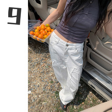 [9hour]个性拼接撕边设计感韩系牛仔裤女 2024夏季直筒休闲裤女