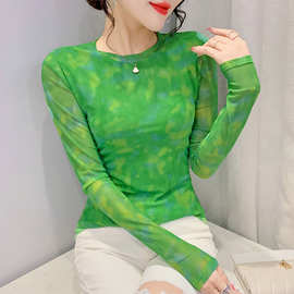 晕染网纱T恤女2022春季设计感圆领修身打底衫上衣潮源头直播百搭