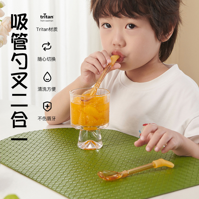 cubiertos para bebés cucharas de paja de mango largo 2 - en - 1 cucharas de paja de sopa para niños que comen por sí mismos