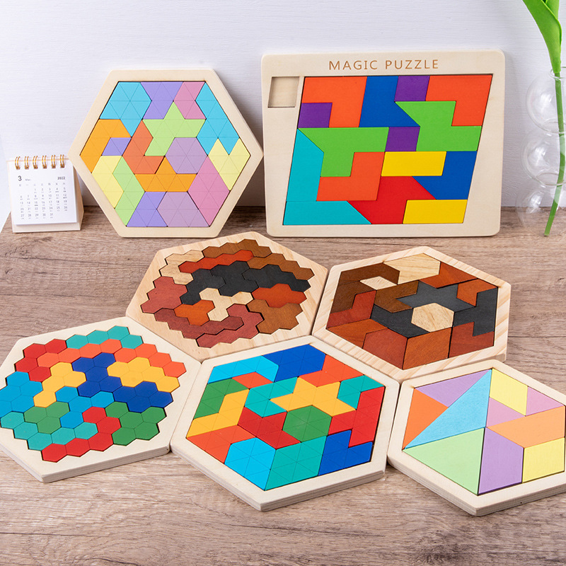Rompecabezas geométrico de inteligencia hexagonal de madera rompecabezas de panal kindergarten bebé niños bloques de construcción rompecabezas juguetes
