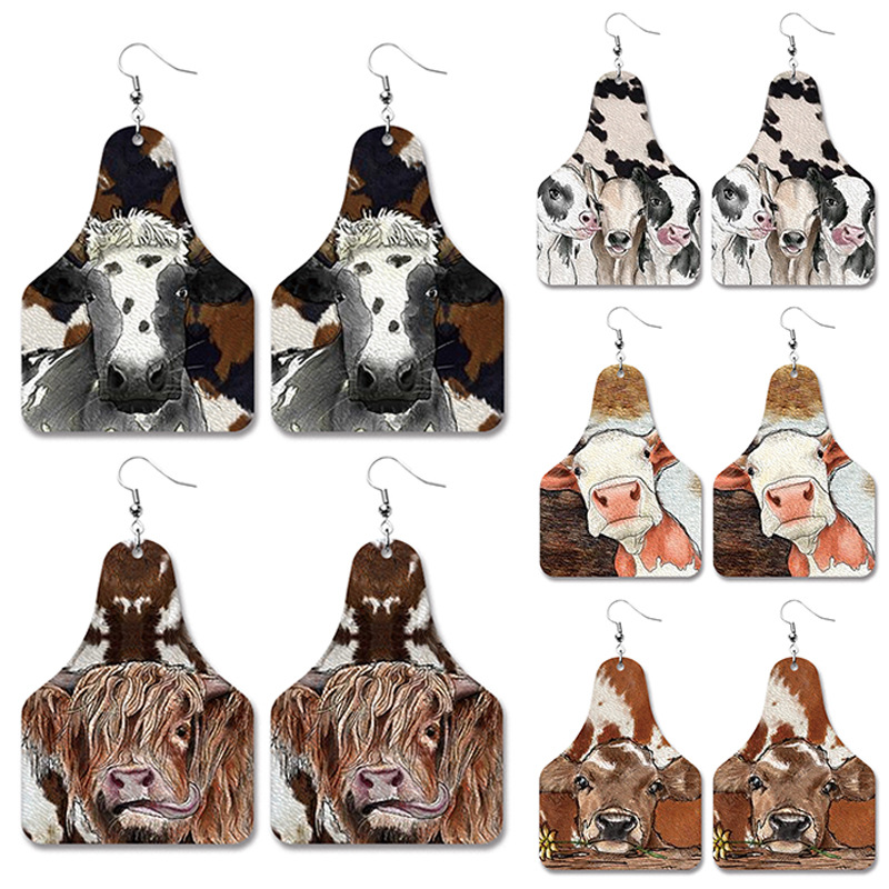 Farm Cow Brand Cow Animal American Western Cowboy Style Retro Leather Earrings European and American Style Pu Personalized Earrings Jewelry